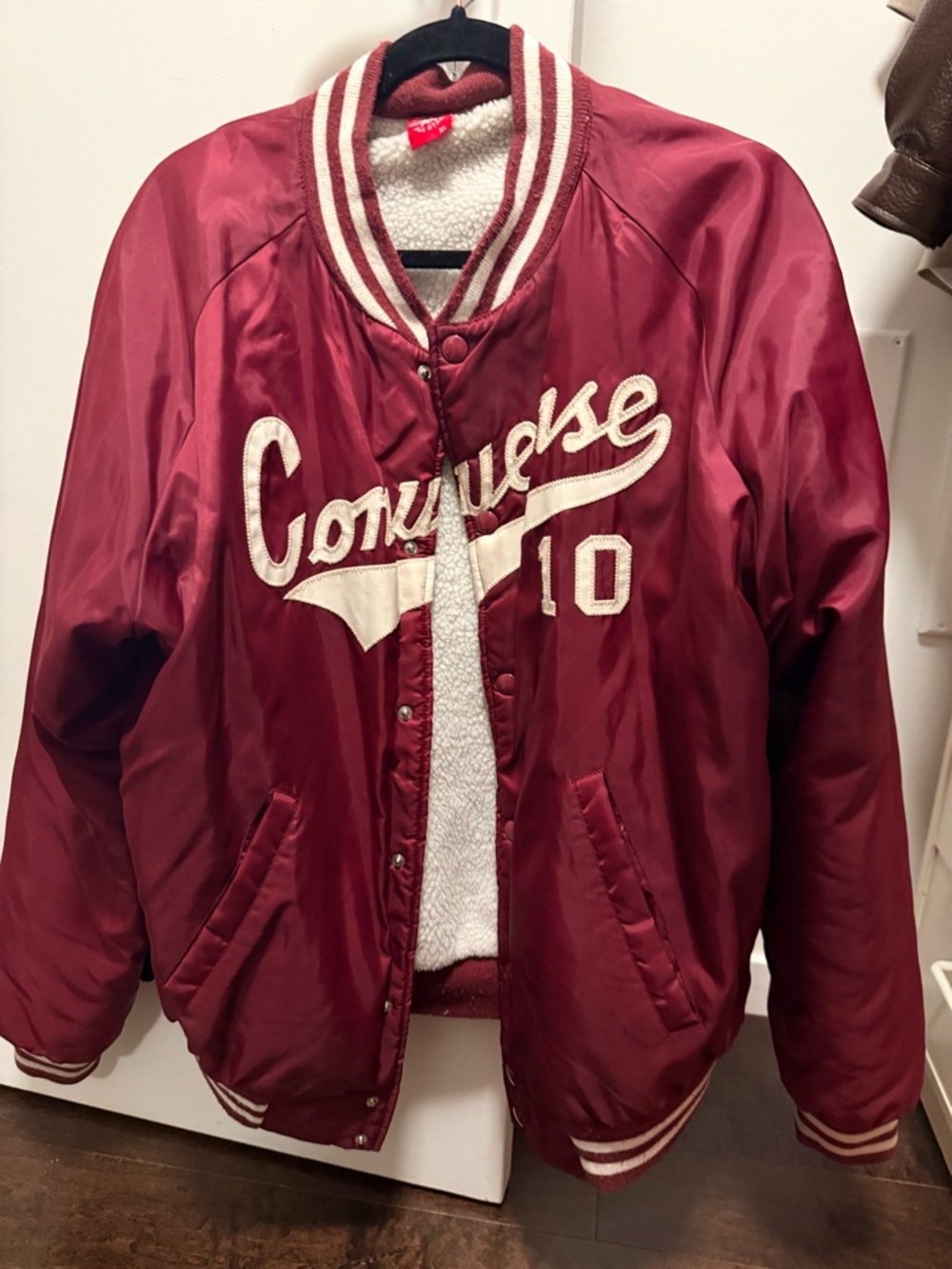 Converse Maroon and Cream Sherpa-Lined Varsity Jacket